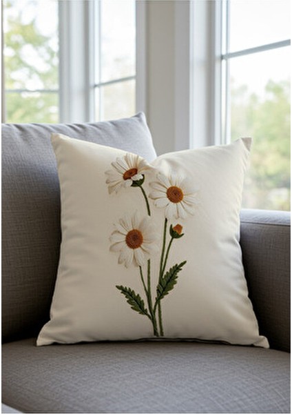 Punch Nakış Desen Dijital Baskılı Krem Zemin Beyaz Papatya Desenli 2li Kırlent Kılıfı indirimleri