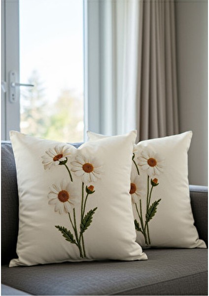 Punch Nakış Desen Dijital Baskılı Krem Zemin Beyaz Papatya Desenli 2li Kırlent Kılıfı