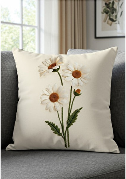 Punch Nakış Desen Dijital Baskılı Krem Zemin Beyaz Papatya Desenli 2li Kırlent Kılıfı