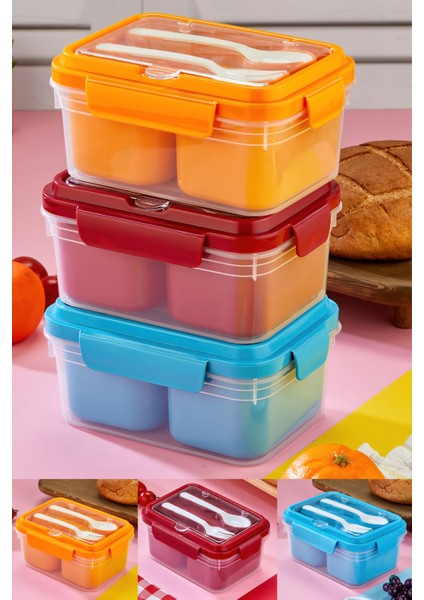 Iki Hazneli Çatal-Kaşık Bölmeli Kilitli Kapak Beslenme Kabı ve Yemek Saklama Kutusu 3'lü Set