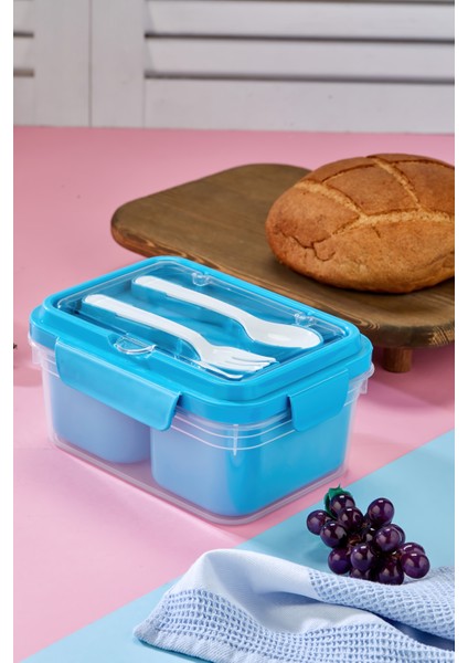 Iki Hazneli Çatal-Kaşık Bölmeli Kilitli Kapak Beslenme Kabı ve Yemek Saklama Kutusu 3'lü Set fiyatları