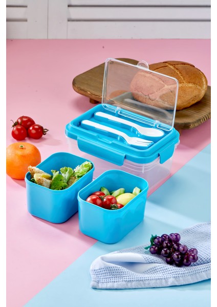 Iki Hazneli Çatal-Kaşık Bölmeli Kilitli Kapak Beslenme Kabı ve Yemek Saklama Kutusu 3'lü Set modelleri