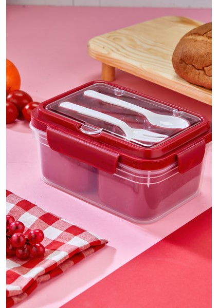 Iki Hazneli Çatal-Kaşık Bölmeli Kilitli Kapak Beslenme Kabı ve Yemek Saklama Kutusu 3'lü Set fırsatları