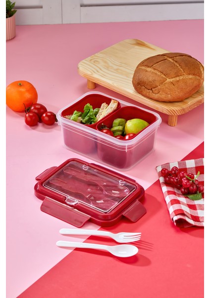 Iki Hazneli Çatal-Kaşık Bölmeli Kilitli Kapak Beslenme Kabı ve Yemek Saklama Kutusu 3'lü Set indirimleri