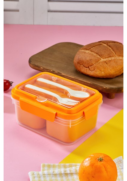 Iki Hazneli Çatal-Kaşık Bölmeli Kilitli Kapak Beslenme Kabı ve Yemek Saklama Kutusu 3'lü Set