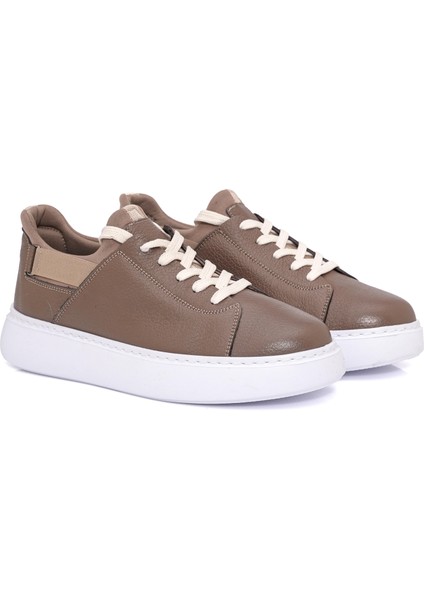Bağcıklı Yandan Lastikli Kalın Eva Taban Bej Deri Sneaker Ayakkabı 2025-7