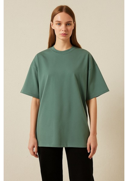 Kadın Bisiklet Yaka Oversize %100 Pamuk t-Shirt