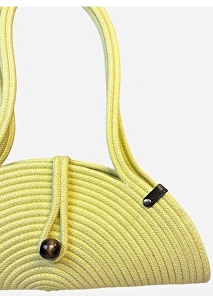 Mia Hasır Görünümlü Kadın Çantası Doğal Ahşap Boncuk Detaylı 40 cm Uzun Askılı