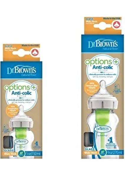 Dr Brown's Geniş Ağız Cam Biberon Seti 150 ml ve 270 ml Isıya Dayanıklı BPA İçermeyen