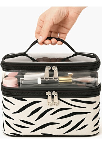 Kadın Makyaj Çantası Iki Geniş Bölmeli Askılı Katlanabilir Bakım Seyahat Organizer Makyaj Çantası