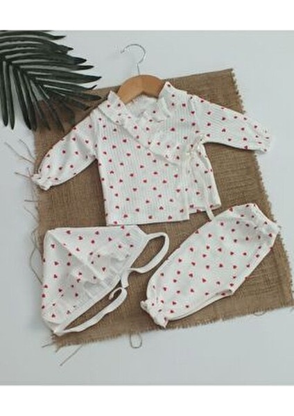 %100 Pamuk 5 Li Kırmızı Kalpli Fırfırlı Hastane Çıkışı Seti Unisex Kullanıma Uygun modelleri