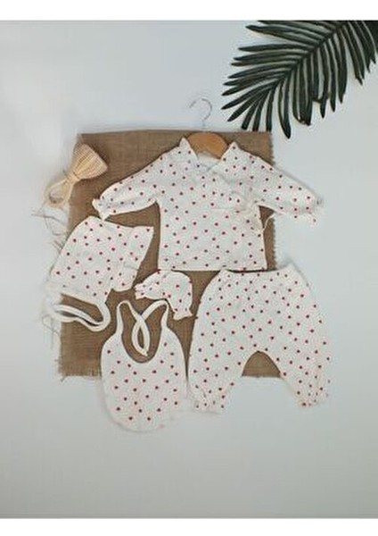 %100 Pamuk 5 Li Kırmızı Kalpli Fırfırlı Hastane Çıkışı Seti Unisex Kullanıma Uygun fırsatları