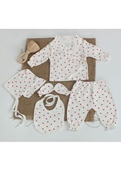 %100 Pamuk 5 Li Kırmızı Kalpli Fırfırlı Hastane Çıkışı Seti Unisex Kullanıma Uygun