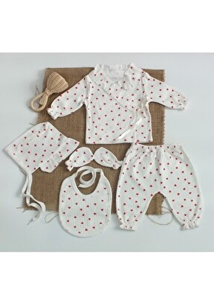 %100 Pamuk 5 Li Kırmızı Kalpli Fırfırlı Hastane Çıkışı Seti Unisex Kullanıma Uygun