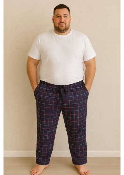 Erkek Desenli Büyük Beden % 100 Pamuk Cepli Tek Alt Laci-Mavi