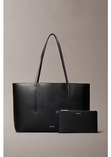 Kadın Cüzdanlı Klasik Tote Omuz Çantası - Siyah