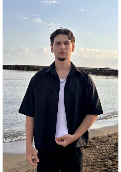 Boxy Fit Kısa Kol Gömlek - Siyah