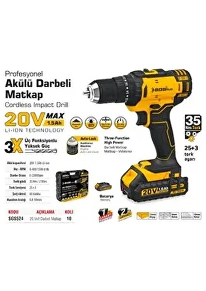 Akülü Darbeli Matkap Seti Tek Akülü 20 Volt -1.5 Amper Sgs 5245 fiyatları