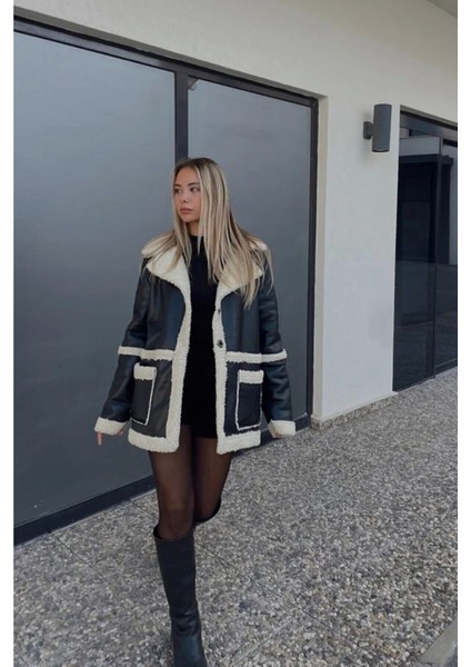 Kadın Içi Kürklü Kruvaze Yaka Siyah Deri Ceket Mont