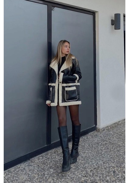 Kadın Içi Kürklü Kruvaze Yaka Siyah Deri Ceket Mont fiyatları