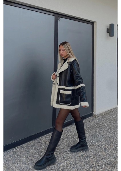 Kadın Içi Kürklü Kruvaze Yaka Siyah Deri Ceket Mont modelleri