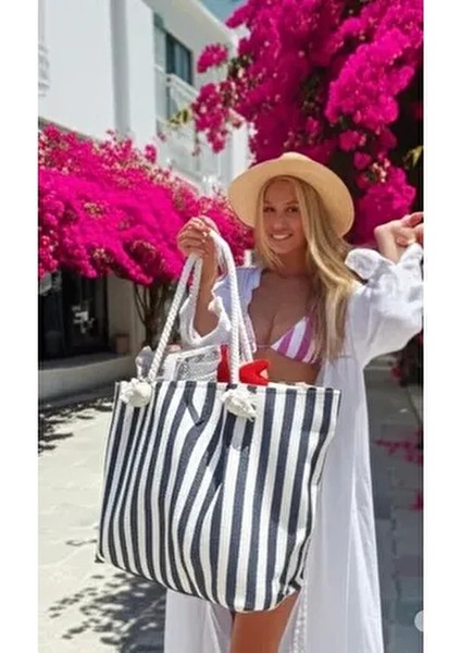 Çizgili Kanvas Kadın Plaj Çantası Omuz Çantası ( Fermuarlı)
