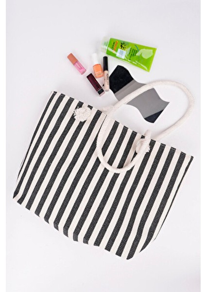 Çizgili Kanvas Kadın Plaj Çantası Omuz Çantası ( Fermuarlı) fiyatları