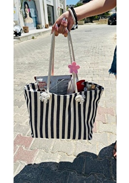 Çizgili Kanvas Kadın Plaj Çantası Omuz Çantası ( Fermuarlı) fırsatları