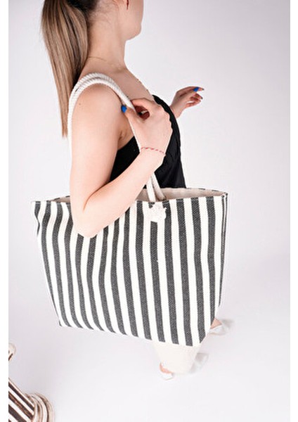 Çizgili Kanvas Kadın Plaj Çantası Omuz Çantası ( Fermuarlı) indirimleri