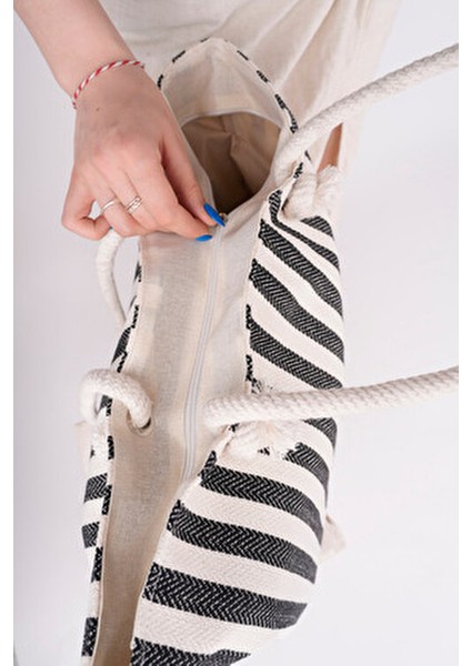 Çizgili Kanvas Kadın Plaj Çantası Omuz Çantası ( Fermuarlı)