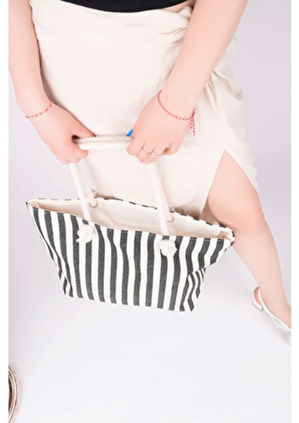 Çizgili Kanvas Kadın Plaj Çantası Omuz Çantası ( Fermuarlı)