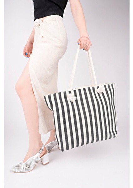 Çizgili Kanvas Kadın Plaj Çantası Omuz Çantası ( Fermuarlı)