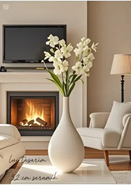 Krem Vazo Seramik El Yapımı Krem Trend Iskandinav 32 cm Büyük Merlin Vazo Modern Çiçek Ahşap Dekor