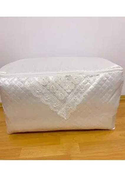 Incili Saten Beyaz Yastık Hurcu Kapitoneli Çeyizlik Bohçalık 60X40X40