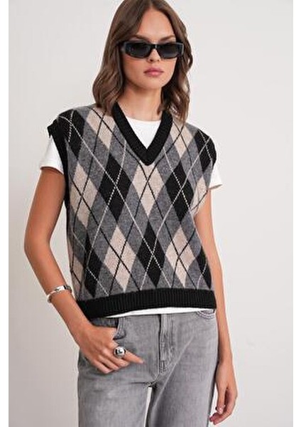 6930 Kadın Baklava Desenli Triko Süveter Siyah