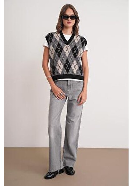 6930 Kadın Baklava Desenli Triko Süveter Siyah fiyatları