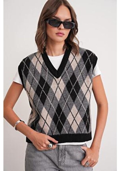 6930 Kadın Baklava Desenli Triko Süveter Siyah modelleri