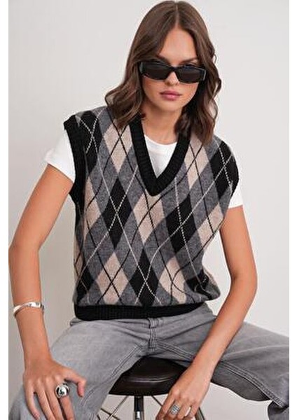 6930 Kadın Baklava Desenli Triko Süveter Siyah fırsatları