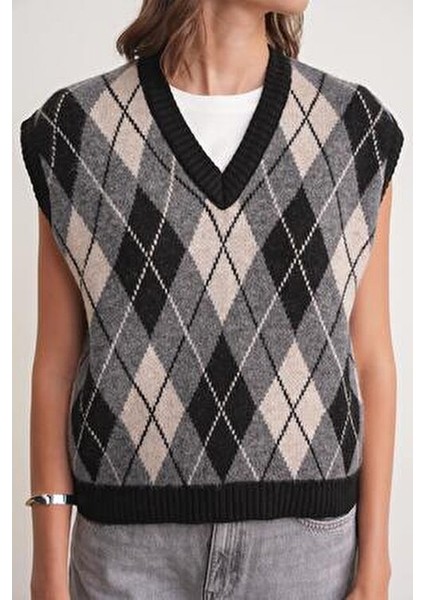 6930 Kadın Baklava Desenli Triko Süveter Siyah indirimleri