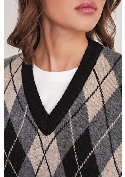 6930 Kadın Baklava Desenli Triko Süveter Siyah