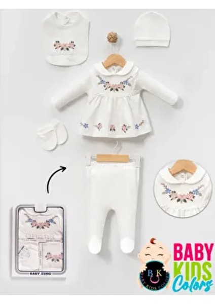 Kutulu- Bebek Yaka Yenidoğan Kıyafetleri 5'li Hastane Çıkış Setleri Nakışlı Penye Zıbın Seti