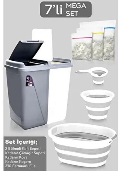 7'li Banyo Seti - 90 Lt Kirli Sepeti Katlanabilir Çamaşır Sepeti Su Kovası Maşrapa Yıkama Filesi