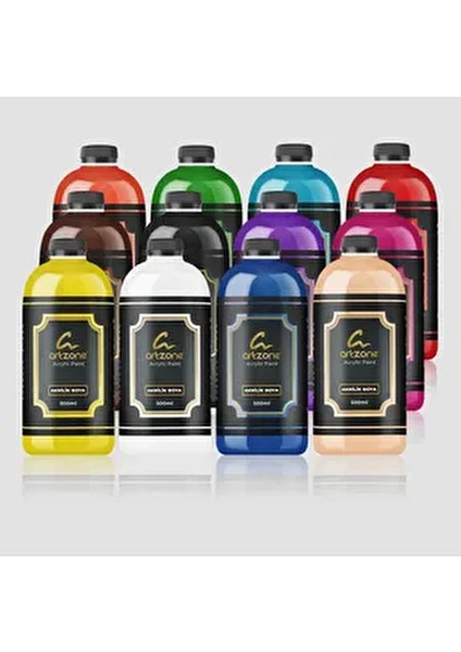 Akrilik Boya Seti - Tüm Renkler 12 Renk x 500ML + Fırça Hediyeli