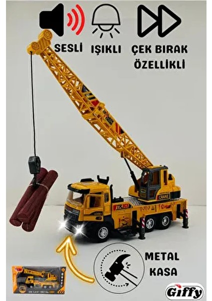 Oyuncak Iş Makinesi Sesli Işıklı Çek Bırak Vinç, Kule Vinç ve Kepçe 30 cm Aksesuarlı Kapıları Açılan