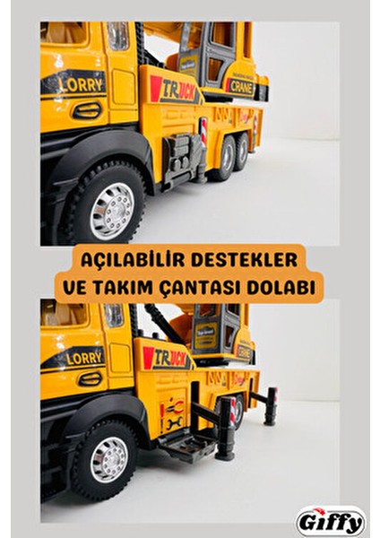 Oyuncak Iş Makinesi Sesli Işıklı Çek Bırak Vinç, Kule Vinç ve Kepçe 30 cm Aksesuarlı Kapıları Açılan modelleri