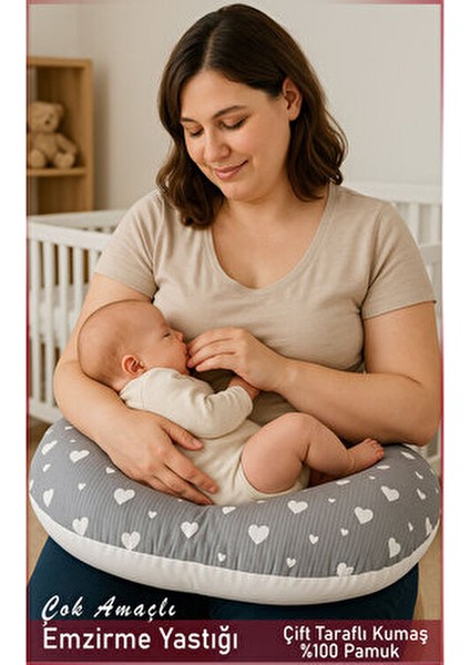 Çift Taraflı Emzirme Yastığı /bebek Destek Minderi, Hamile Yastığı, Pamuklu Kumaş, Gri Kalp Desenli