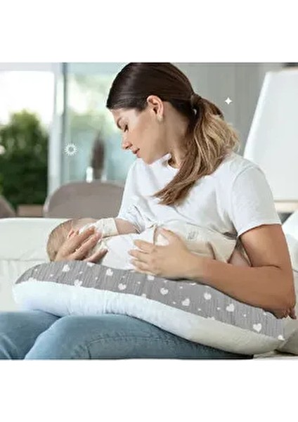 Çift Taraflı Emzirme Yastığı /bebek Destek Minderi, Hamile Yastığı, Pamuklu Kumaş, Gri Kalp Desenli fiyatları