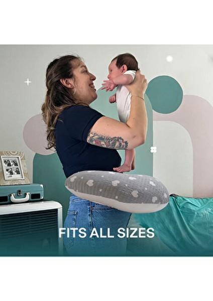 Çift Taraflı Emzirme Yastığı /bebek Destek Minderi, Hamile Yastığı, Pamuklu Kumaş, Gri Kalp Desenli fırsatları