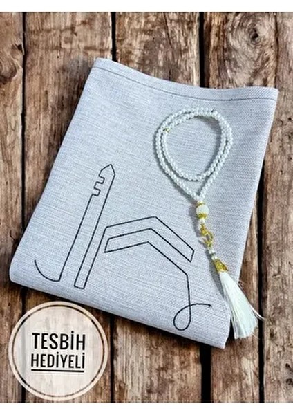 Minimal Kabe Işlemeli Keten Seccade Namazlık Çeyizlik Hediyelik
