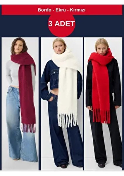Ithal Puffy Yumuşak Dokulu Kadın Atkı Şal Omuz Şalı (Bordo Ekru ve Kırmızı) 3 Adet